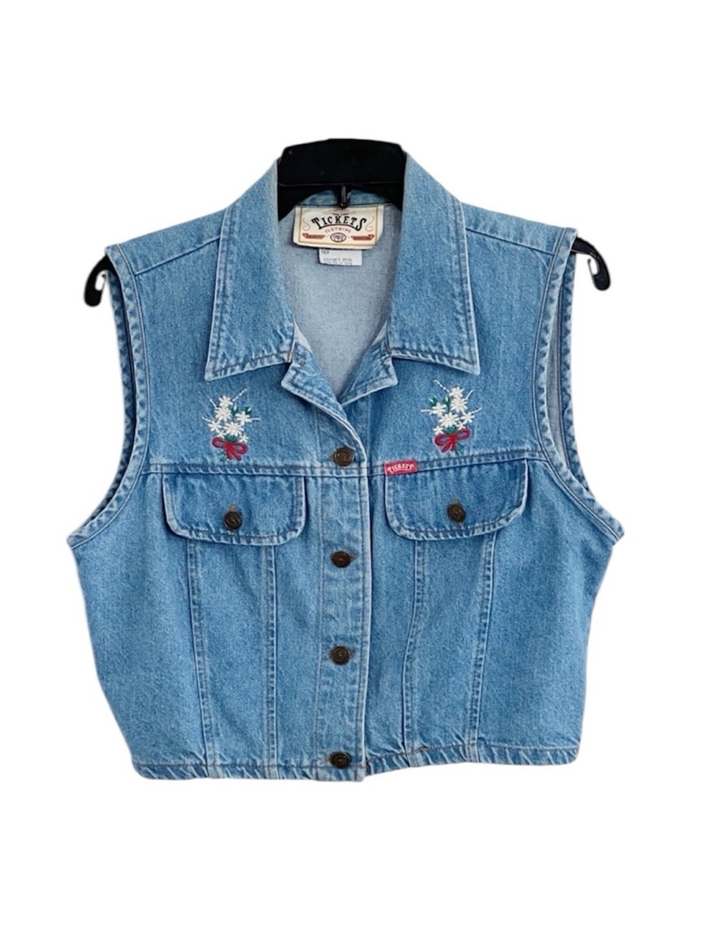 Vintage Good Show Tickets Sleeveless Denim Vest Top Embroidered Flowers Small